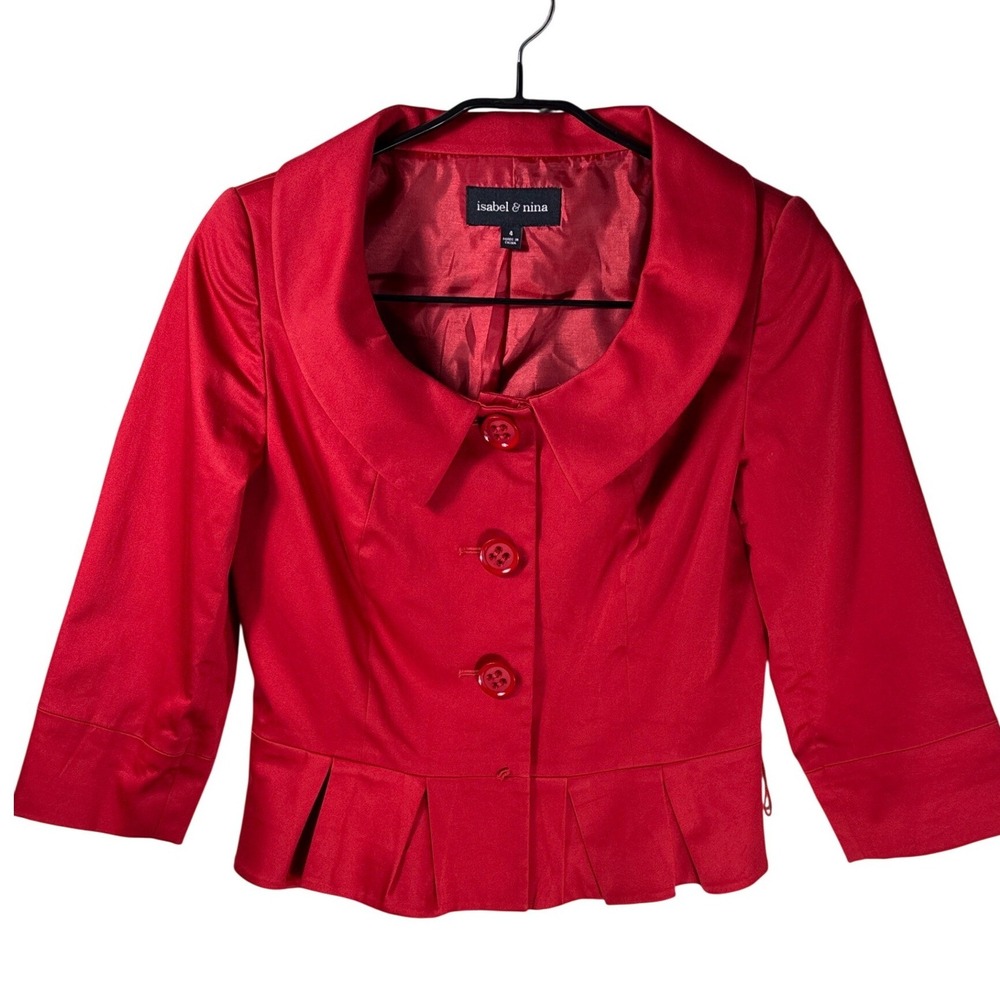 Isabel & Nina Red Peplum Blazer Jacket Womens 4 Pleated Shawl Collar 3/4 Sleeve